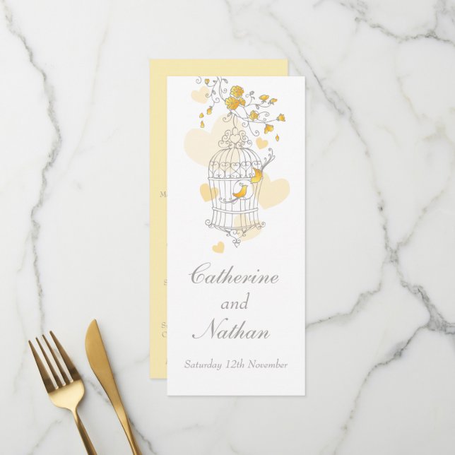 Vogelkäfig Gelbe graue Hochzeitsmenü Menükarte (Vorderseite/Rückseite Beispiel)