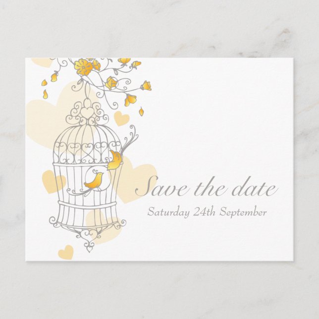 Vogelkäfig - Gelbe Save the Date Karte (Vorderseite)