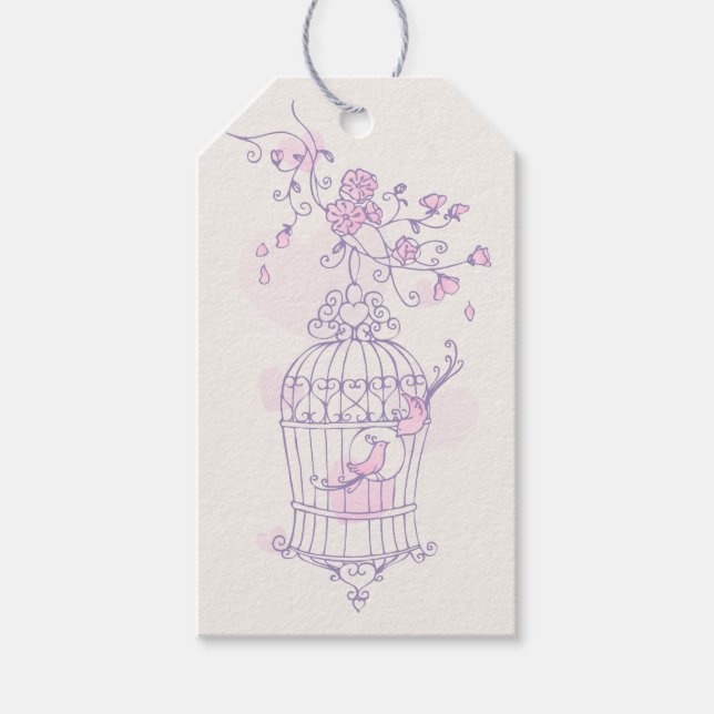 Vogelkäfig lila rosa Gastgeschenk Hochzeit Geschenkanhänger (Vorderseite)