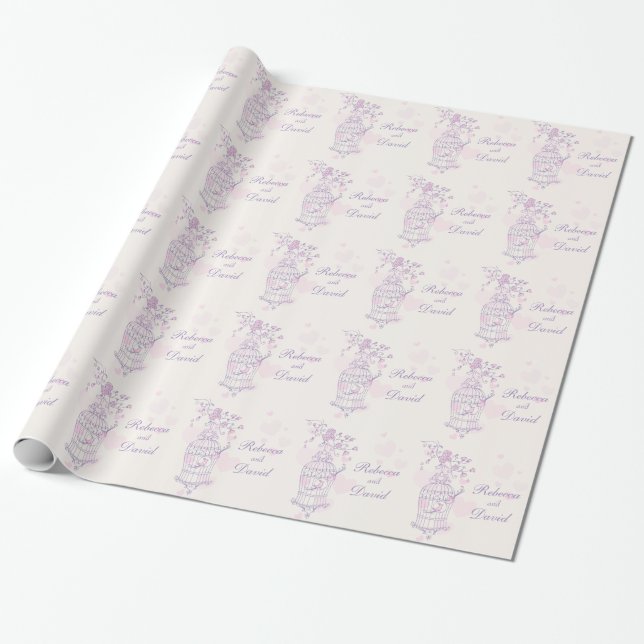 Vogelkäfig lila rosa Hochzeitsverpackung Geschenkpapier (Ungerollt)