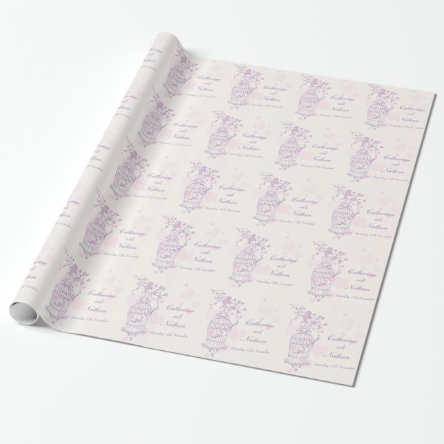 Vogelkäfig lila rosa Hochzeitsverpackung Geschenkpapier (Ungerollt)