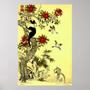 Vogelkatze und Hund Jakuchu Anfang der 1900er Jahr Poster