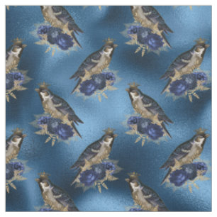 Vogelkronen mit Blume auf Blauem Meer Stoff