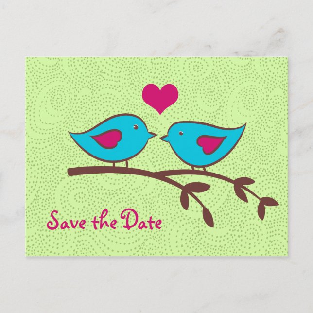 Vogelliebe auf der grünen Save the Date Postkarte (Vorderseite)