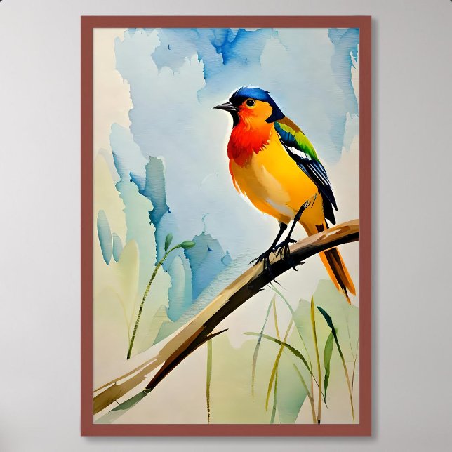 Vogelmalerei von farbenfroher Elegant Songbird auf Poster (Bird Painting of Colorful Elegant Songbird on Twig)