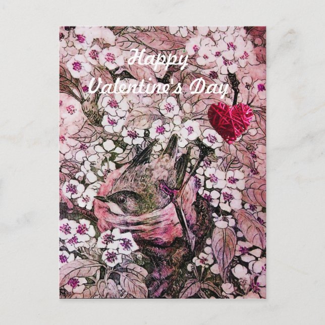 VOGELNEST, BLUME, GEBRAUCHTER HERZVALENTINTAG FEIERTAGSPOSTKARTE (Vorderseite)