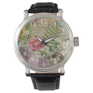 Vogelnest Floralgarten-Blumen-Schmetterling-Kunst Armbanduhr