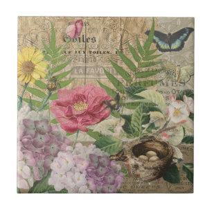 Vogelnest Floralgarten-Blumen-Schmetterling-Kunst Fliese