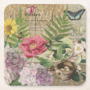 Vogelnest Floralgarten-Blumen-Schmetterling-Kunst Rechteckiger Pappuntersetzer