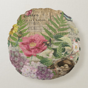 Vogelnest Floralgarten-Blumen-Schmetterling-Kunst Rundes Kissen
