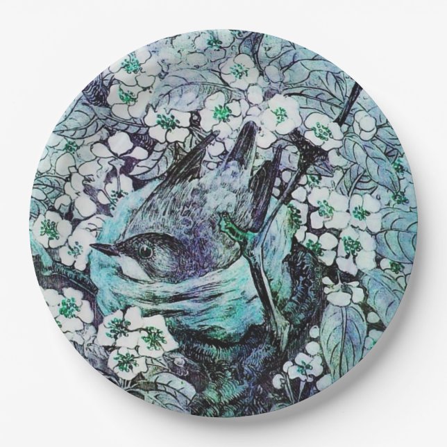 VOGELNEST UNTER FRÜHBLUMEN, weiß, blau Aquamarin Pappteller (Vorderseite)