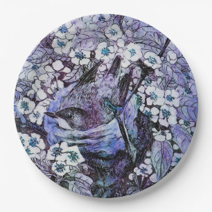 VOGELNEST UNTER FRÜHLINGSBLUMEN ,Weiß,Blau Pappteller