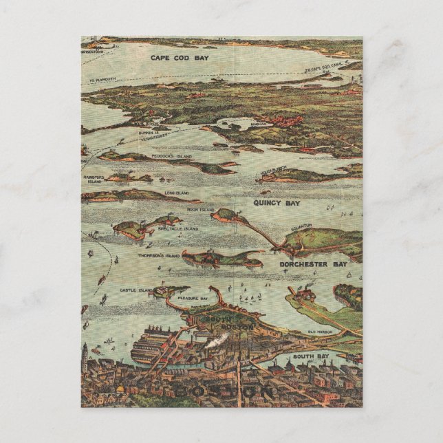 Vogelperspektive-Karte vom Boston Harbor Postkarte (Vorderseite)