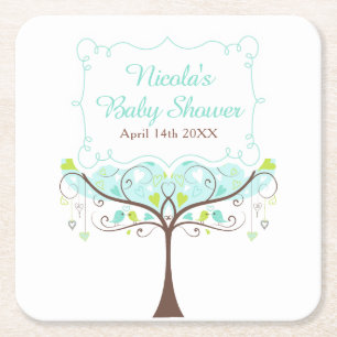 Vogels Herzen Baum Blau und Grün Baby Shower Rechteckiger Pappuntersetzer