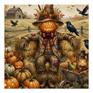 Vogelscheuche mit Kürbissen und Krähen Herbstfarm Poster
