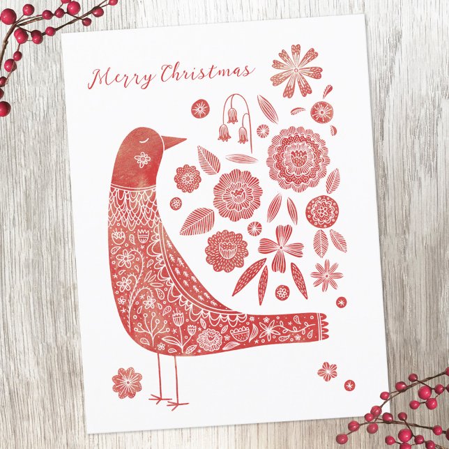 Vogelskandinavien Feiertagspostkarte (Watercolor bird and flower red and white holiday card)