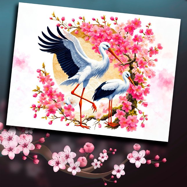 Vogelstorch asiatische Natursakura orientalische D Postkarte (Von Creator hochgeladen)