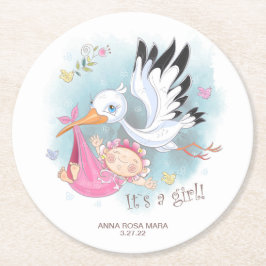 *~* Vogelstork Baby Girl Blume Babydusche Runder Pappuntersetzer