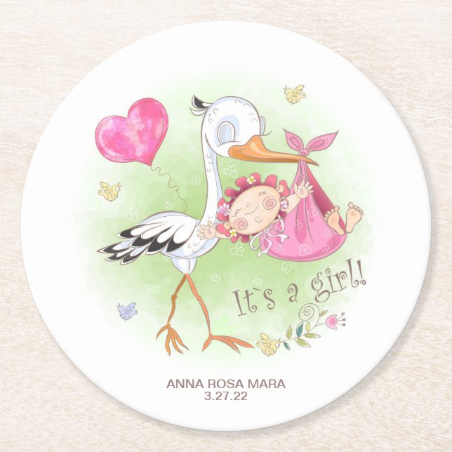 *~* Vogelstork Baby Girl Heart Baby Dusche Runder Pappuntersetzer (Vorderseite)