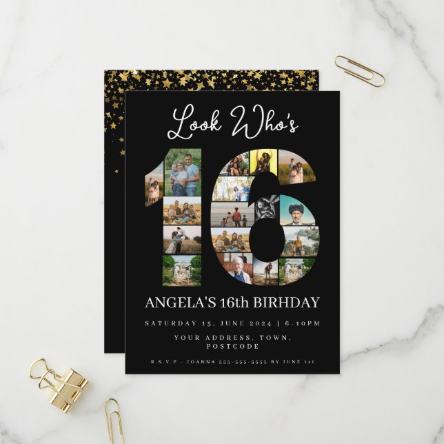 voici qui a 16 ans invitation photo d'anniversaire (Devant/Arrière en situation)