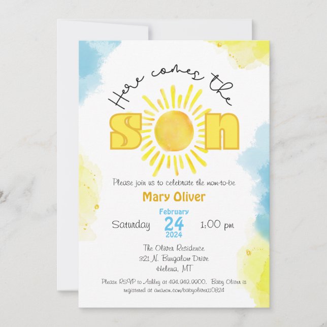 Voici vient le soleil baby shower invitation fils  (Devant)