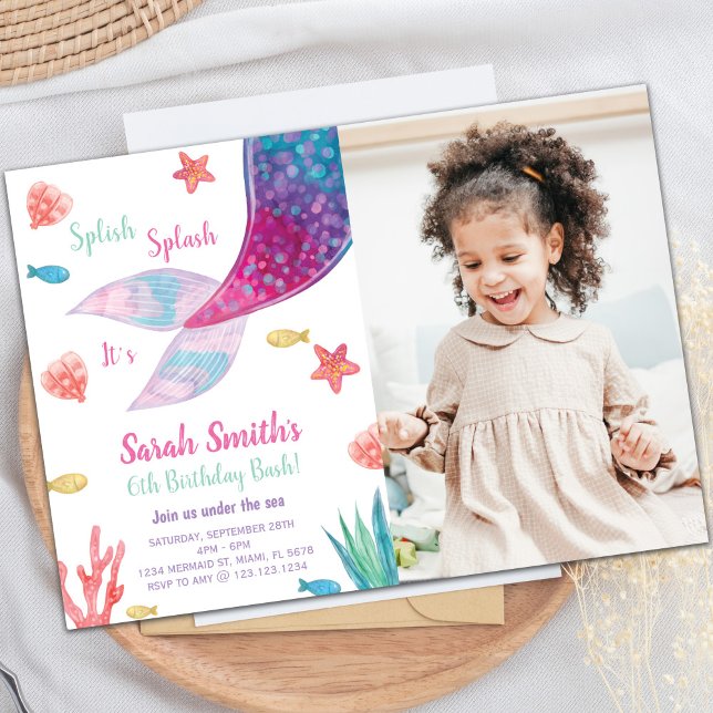 Voie de sirène rose foncé Invitation Anniversaire (Dark Pink Mermaid Tail Birthday Invitation w photo)