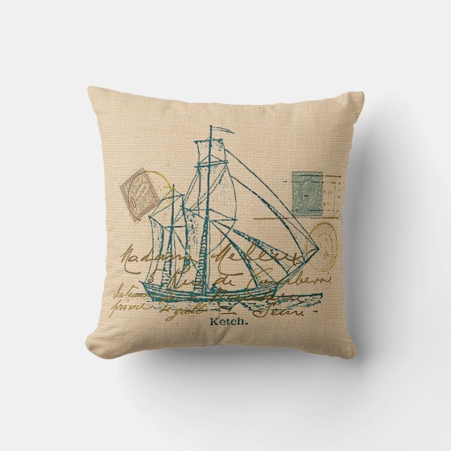 Voilier Turquoise vintage Coussin nautique (Recto)