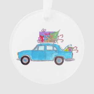 Voiture bleue avec cadeaux de Noël Aquarelle