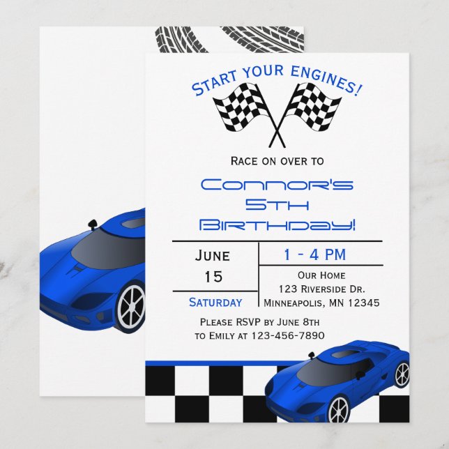 Voiture Blue Race | Invitation Anniversaire de enf (Devant / Derrière)