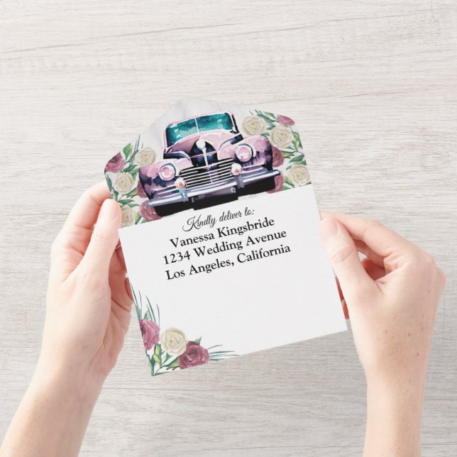voiture classique rose tout en un faire-part de ma (Ouverture)