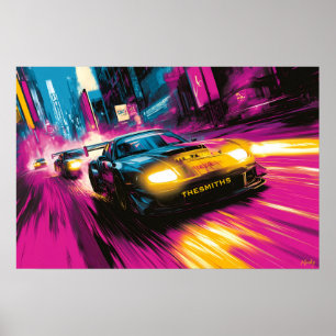 Voiture de course Pop Art Art mural de ville néon