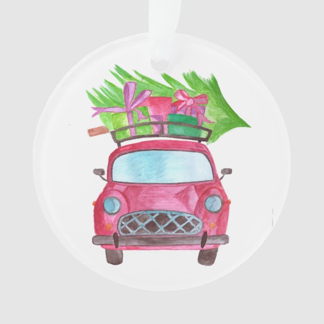 Voiture de Noël aquarelle peinte à la main (devant)