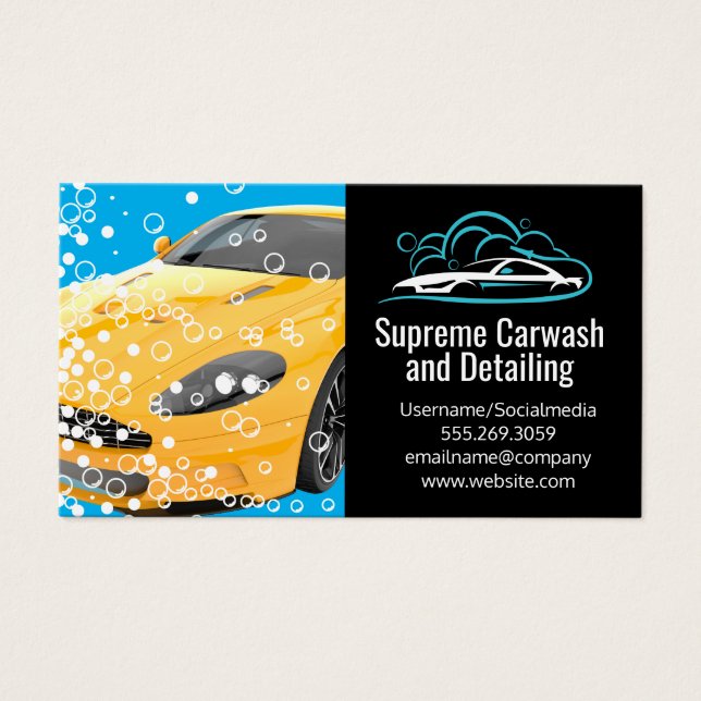 Voiture de sport jaune | Bulles | Logo de nettoyag (Devant)