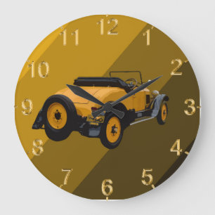 Voiture décapotable vintage jaune, grande horloge 