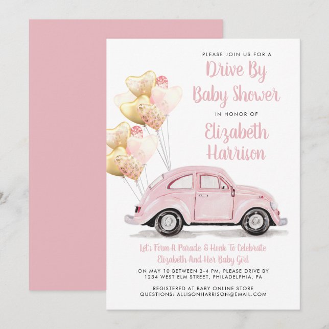 Voiture Rose Cute En Baby shower Invitation (Devant / Derrière)