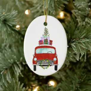 Voiture rouge avec cadeaux de Noël Ornement en cér