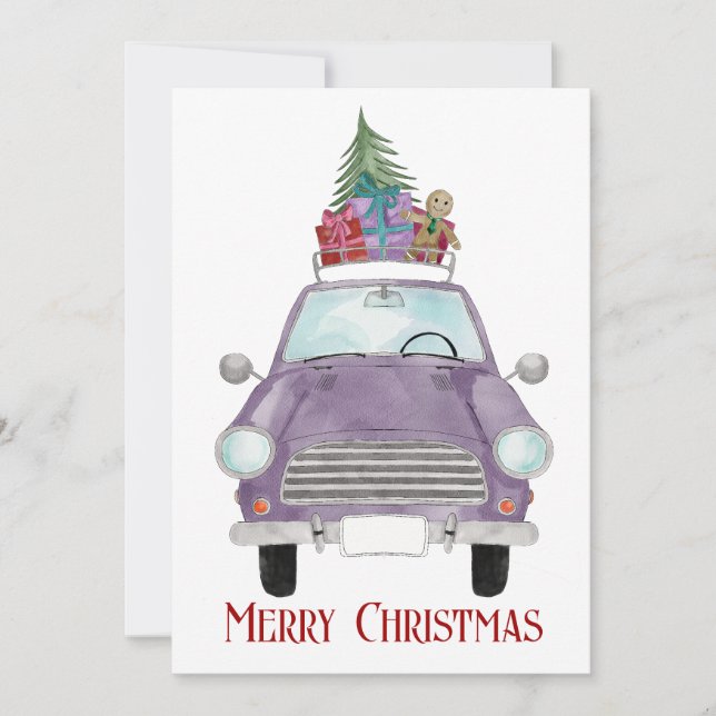 Voiture Violet avec Cadeaux de Noël Carte de vacan (Devant)