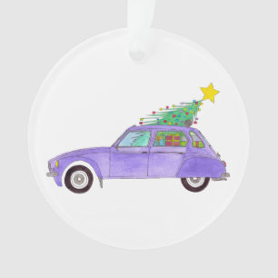 Voiture violette avec cadeaux de Noël