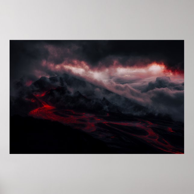 Volcanic Eruption Lava Rivers Night Landscape Poster (Vorne)