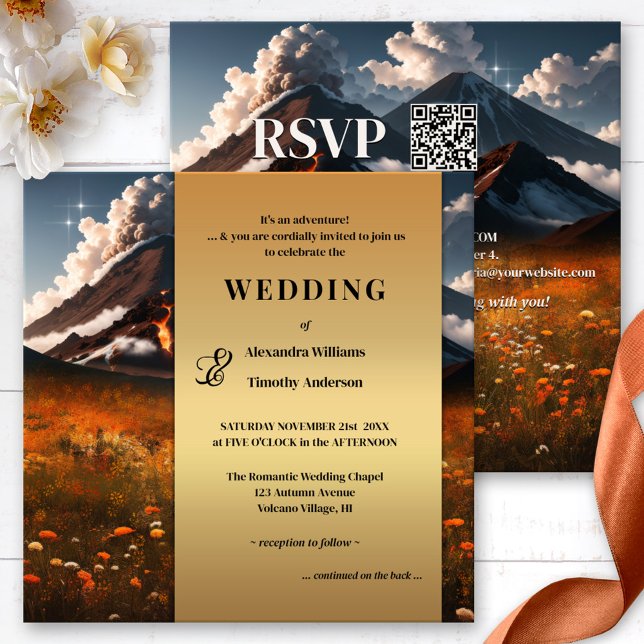 Volcano Adventure Gold Hochzeit im Herbst Einladun Einladung (Unique adventure destination wedding invitation featuring a volcano and colorful autumn flowers)