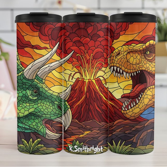 Volcano Dinosaurs Stained Glass Battle Thermosbecher (Von Creator hochgeladen)