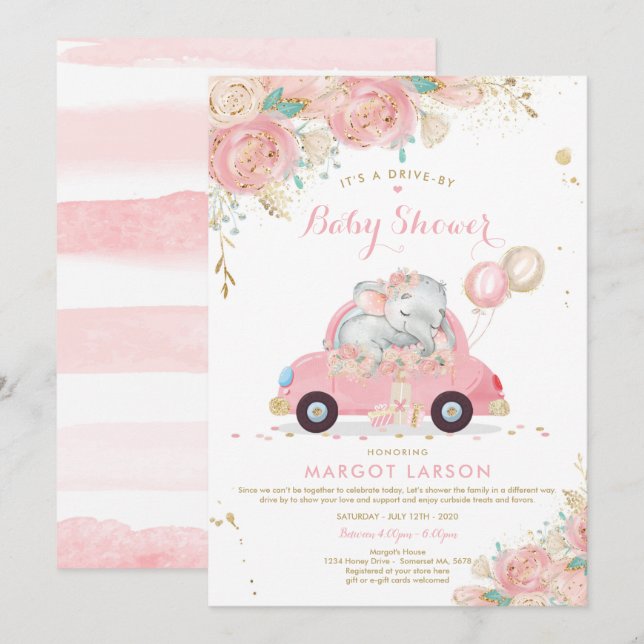 Volée éléphante par Baby shower Invitation rose (Devant / Derrière)