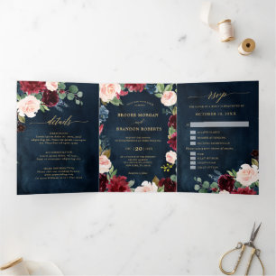 Volets Faire-part de mariage pliable en trois Burgundy Re