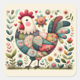 Volks-Patchwork-Hahn mit floralen Akzenten Quadratischer Aufkleber