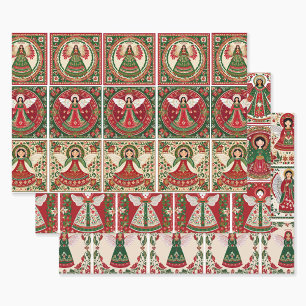 Volksfestkunst-Inspirierte Engel zu Weihnachten 3 Geschenkpapier Set