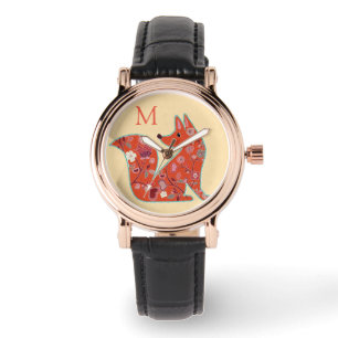 Volksgut Blumenmuster Fuchs Monogramm Armbanduhr