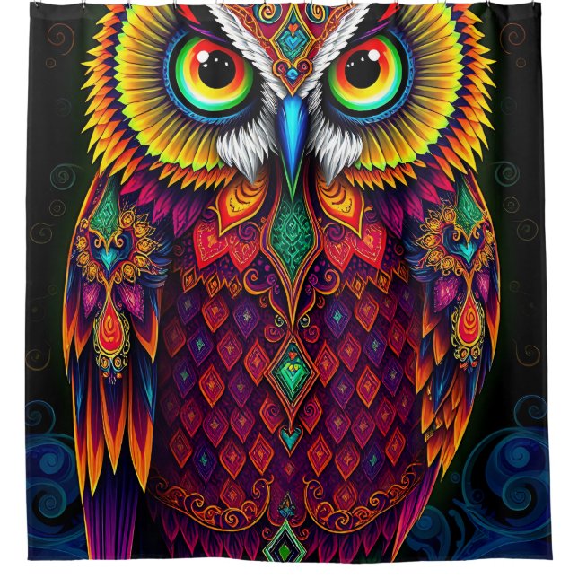 Volksgut Eule: Whimsical rotes Teal-Design Duschvorhang (Vorderseite)