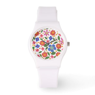 Volkskunst-Art mit Blumen auf weißer sportlicher Armbanduhr