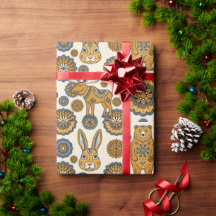 Volkskunst Bär Kaninchen Elch Wald Geschenkpapier
