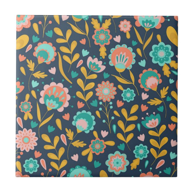 Volkskunst-Blumen-Muster Fliese (Vorderseite)